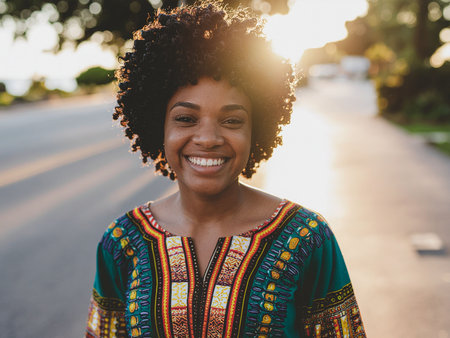 beautiful young african american woman in traditional clothes smiling on the streetの素材