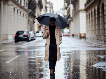 Stylish african american man in trench coat and umbrella walking on rainy street.の素材
