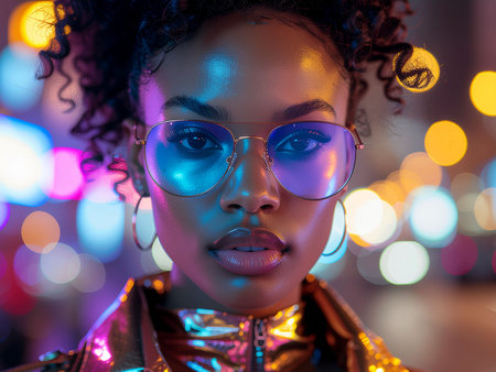 Beautiful african american woman with afro hairstyle in neon lightsの素材