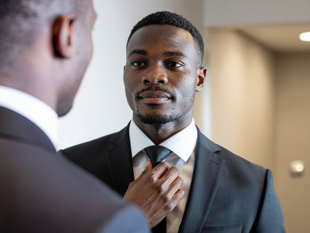 Portrait of a young African businessman adjusting his tie in the officeの素材