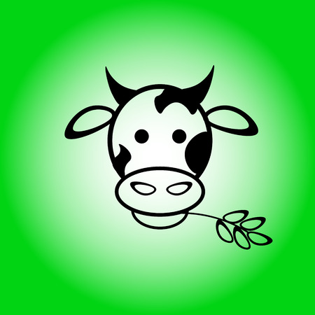 The head of a cow with a leaf in her mouth on green backgroundのイラスト素材