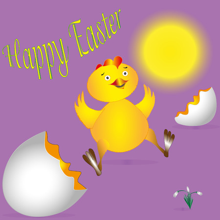 The yellow fluffy chicken Drawing fluffy yellow chick just hatched from the eggs in the picture snowdrops under the sun and the words Happy Easterのイラスト素材