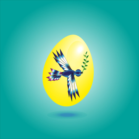 Illustration yellow egg with a bird Yellow egg with a bird on a green background leaf in its beak under the shadow eggのイラスト素材