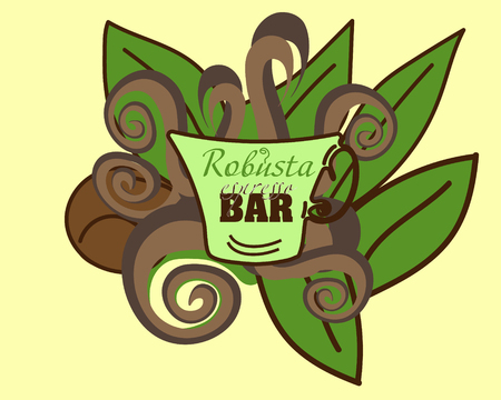 Robusta coffee bar Logo Picture Bar coffee cup with green leaves and doodle linesのイラスト素材