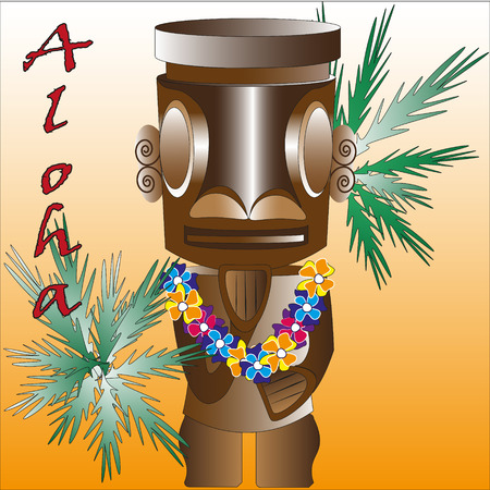 Illustration of the Tiki a graven image Illustration funny wooden the Tiki a graven image a yellow background with palm leavesのイラスト素材
