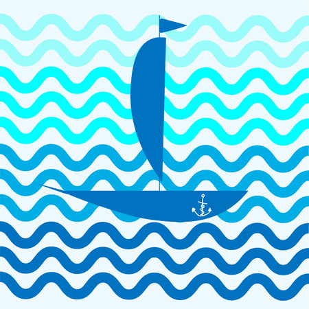 Ship in blue waves Abstract boat with a flag on the blue waves of the sea and blue backgroundのイラスト素材