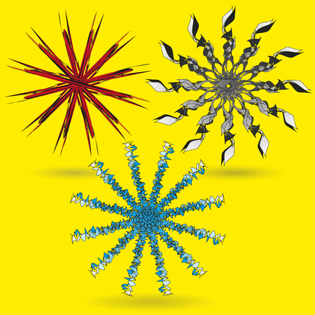 Set of three fantasy flower Set of three fantasy flowers black and white flower, red flower and blue flower on yellow background for decoration and designのイラスト素材