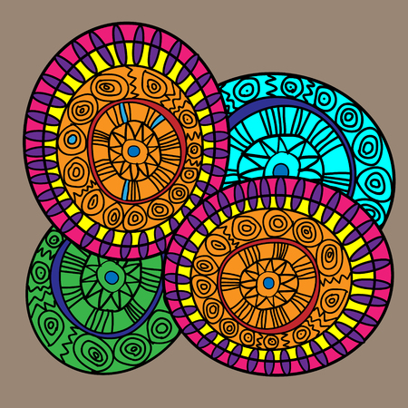 Illustration of four art object in the style of ethnic doodle Drawing four colorful art object in the style of ethnic doodle with different patterns on pastel backgroundのイラスト素材