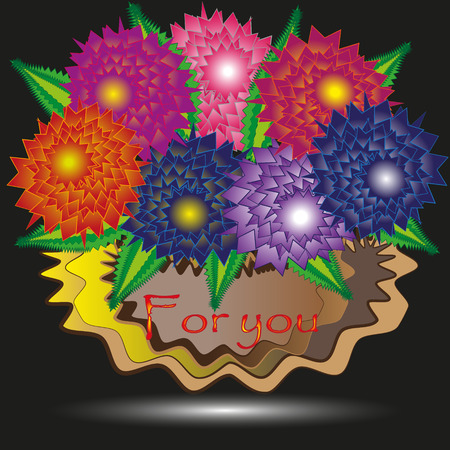 Abstraction for you big bunch of flowers Drawing abstraction for you big bunch of flowers consists of seven asters with green leaves on a black background with a bright shadowのイラスト素材