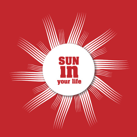 One white circle in red background white circle with shadow and sun rays on a red background for design and bannersのイラスト素材
