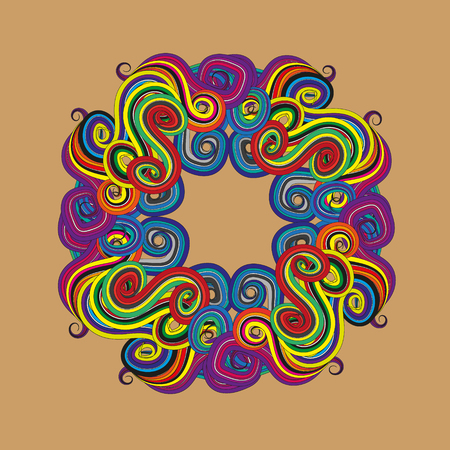 Bright frame in the style of Doodle Vector illustration of a bright frame doodle style on beige background with swirls, colorful stripes and waves rainbow colorsのイラスト素材