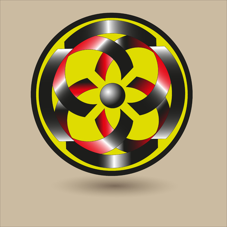 Ornament in the shape of a shield vector illustration Pattern in the shape of a shield of black and red stripes with a gray ball in the middle of the circle on a beige background vector illustrationのイラスト素材