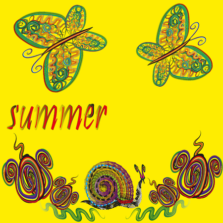 Bright illustration of summer on a yellow background with butterflies, flowers and a snailのイラスト素材
