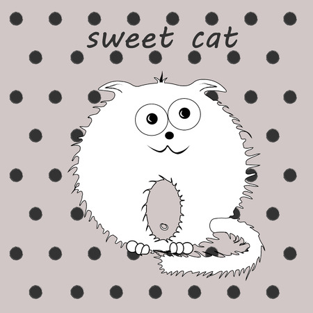 sweet ugly white cat thick white fluffy cute cat on a vintage background with polka dotsのイラスト素材