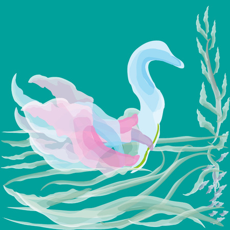 Vector illustration of watercolor duck Drawing on a green background delicate watercolor duck on the pond waves for decoration and designのイラスト素材