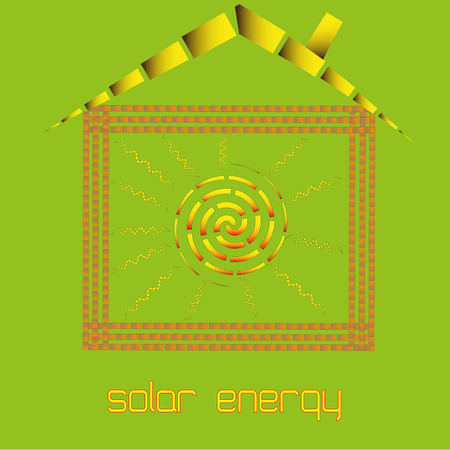 Solar energy in your home vector illustration Drawing infographics solar energy in your home on a green background. Brick walls and the roof inside the house warm and comfortableのイラスト素材