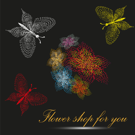 Vector illustration of the flower shop for you Image for business or flower shop for you on a black background five colors and three butterfly pointillism styleのイラスト素材