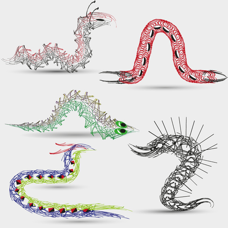 Vector illustration of five caterpillar Drawing style graphics on a light background, set five abstraction caterpillar for Decoration and Designのイラスト素材