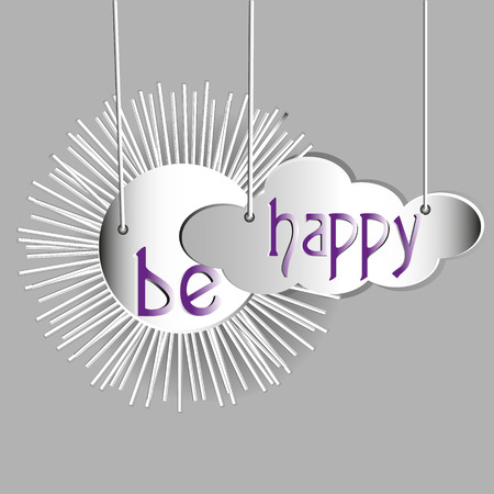 Greeting abstraction be happy Drawing design style applique white paper on a string of sun and clouds backgroundのイラスト素材