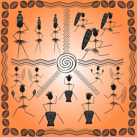 Abstract drawing holiday in Africa Image design includes ethno elements and a simple outline figure people who dance, play the drums, the hunter, the girl with jug vector illustrationのイラスト素材
