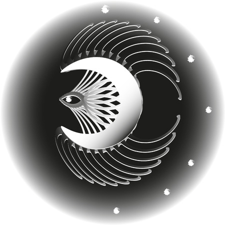 Bird moon in the night sky Picture abstraction design style applique paper color black white star Paulsen cutting of object art circle shadowのイラスト素材