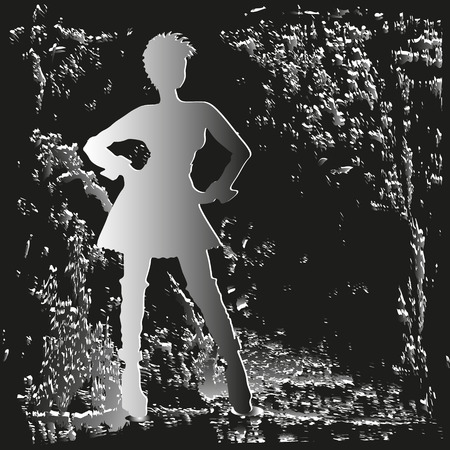 Girl in the night garden Design composition style abstract evening tree woman boots walks park plant black white vector illustration eps10 Stockのイラスト素材