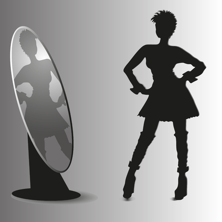 Girl and mirror Design sketch drawing style silhouette of a woman looking at whether the dress skirt haircut reflection shoes boots jackboot background eps10 vector illustration of the author's work Stockのイラスト素材