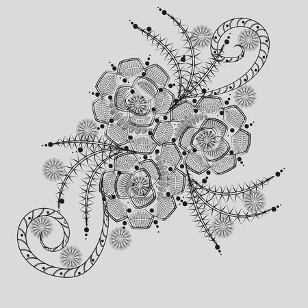 Three flower pattern or tattoo Bouquet abstraction author openwork pattern design drawing handmade leaf style asymmetrical petal graphic line point on the skin henna decoration eps10 stock vector illustrationのイラスト素材