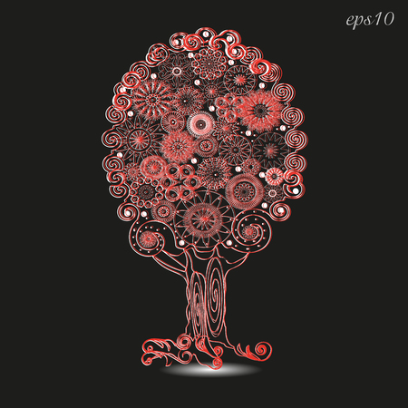 The lace tree ornament By design handmade red openwork plant roots trunk krone flowers ornament pattern shadow logo embroidery eps10 vector stock illustrationのイラスト素材