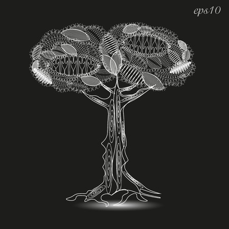 Openwork tree white graphics Abstract design author krone leaf nature plant stem bark and roots of the line pattern picture shadow handmade decoration body henna tattoo stock vector illustration eps10のイラスト素材