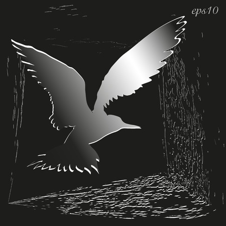 Silhouette bird logo or cover book Abstract author handmade feathered flying frame brushstrokes paint black white color design grunge applique vector illustration eps10 stockのイラスト素材