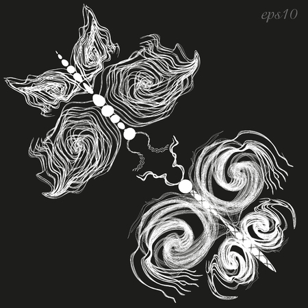 Two white butterfly Author design decoration insect wings four lines curl openwork pattern moth set couple eps10 vector illustration Stockのイラスト素材