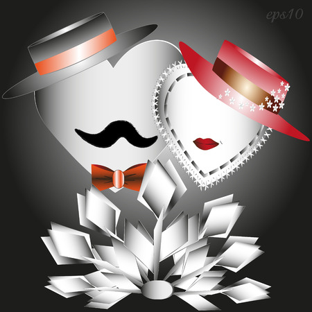 He, she and a bouquet of white tulips Abstract holiday valentine love heart two author paper flower design style hat mustache lips red retro romanceのイラスト素材