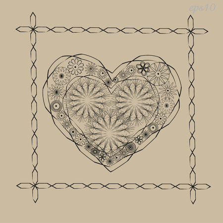 Valentine heart ornament Abstract frame two handmade flower pattern contour line black background beige ethnic style painting stock vectorのイラスト素材