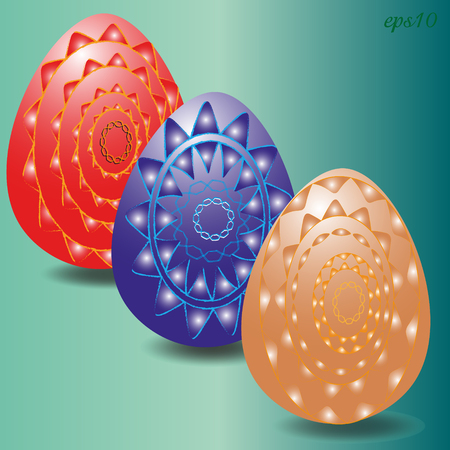 Set of three Easter eggs Abstract pattern, religion celebration international, bright Offer painting style of the cult author of the ethno design handmade Easter egg Stock shadow vector illustrationのイラスト素材