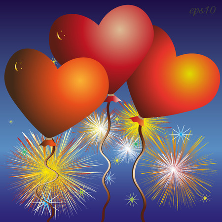 Three red heart balloon Abstract celebration firework composition author design, volume smiley greeting card Valentine love romantic bright colored drawing Stock vector illustrationのイラスト素材