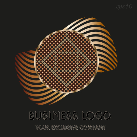 Golden circle logo Emblem of business on black circle background and sphere inside decoration ornament and gold ring author design text stock vector illustrationのイラスト素材
