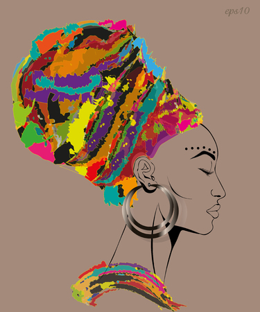 Woman with closed eyes Portrait of a woman in a motley headdress big ear ear long eyelashes high forehead stock vector illustrationのイラスト素材