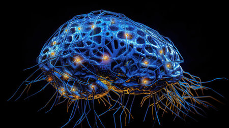Digital brain shaped with blue neural connectionの素材