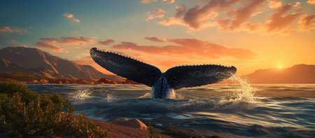 Photo of a blue whale tail over water in the sea at sunset Generative AIの素材