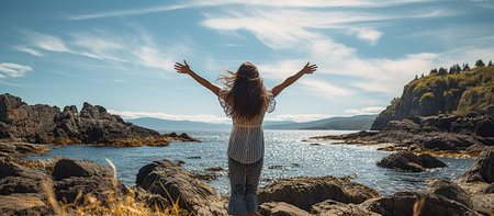 Woman with outstretched arms enjoying the wind and breathing fresh air on the rocky beachの素材