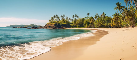 Sandy tropical beach with island on backgroundの素材