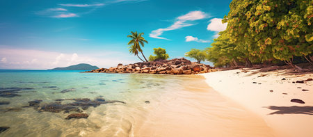 Sandy tropical beach with island on backgroundの素材