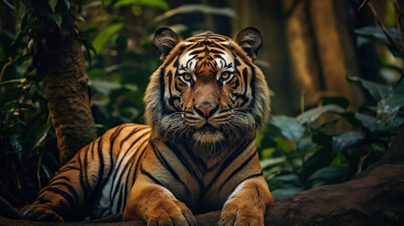 A tiger with a bow on its neck sits in a jungle Generative AIの素材