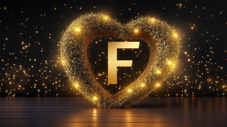 Letter F Elegant background with golden heart frame elements and glitter light effect decoration created by Generative AIの素材
