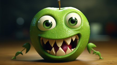Photo a cartoon apple with a green eye and a green eye with a sharp teeth Generative AIの素材