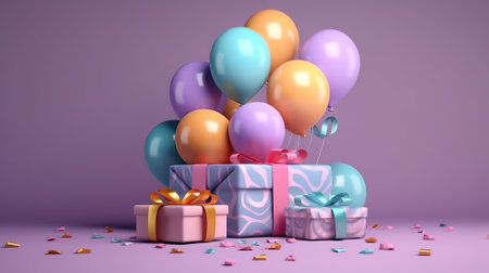 Happy birthday background and gift box and realistic balloons ornament with ribbon Generative AIの素材