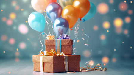Happy birthday background and gift box and realistic balloons ornament with ribbon Generative AIの素材