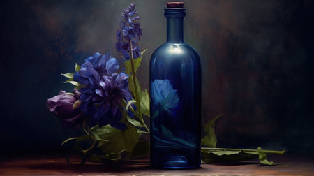 a blue bottle with flowers inside, in the style of chiaroscuro portraitures Generative AIの素材