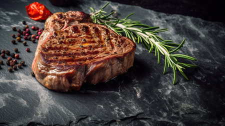 Grilled rib eye steak with red wine herbs and spices on stone table Generative AIの素材